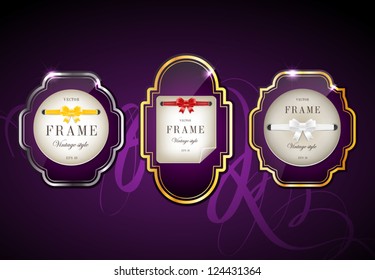 Vector glossy retro frames with metallic shiny borders, with note papers attached with silky ribbons tied in bow knots - purple