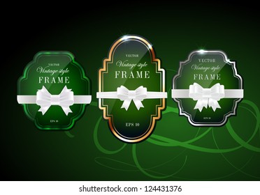 Vector glossy retro frames with metallic shiny borders, with white silky ribbon bow knots - dark green