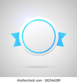 Vector glossy round paper badge with bright blue silk ribbon for premium sale banner decoration or modern logo design