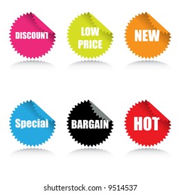 Vector - Glossy sale tag stickers with reflection and various sales pitch.