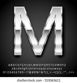 Vector glossy shiny silver font design set over black background