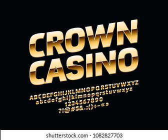 Vector glossy sign Crown Casino. Chic Golden rotated Alphabet Letters, Numbers and Symbols