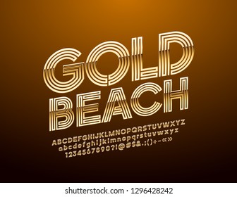 Vector glossy sign Gold Beach. Chic Golden rotated Alphabet Letters, Numbers and Symbols.