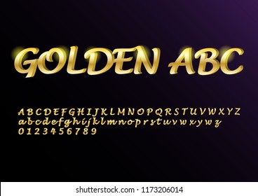 Vector glossy sign Golden ABC. Chic Golden rotated Alphabet Letters, Numbers and Symbols