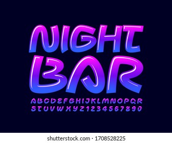 Vector glossy sign Night Bar with creative Font. Blue and Violet glossy Alphabet Letters and Numbers