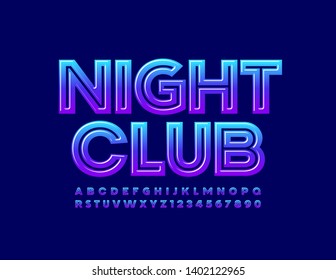 Vector glossy sign Night Club. Blue reflective Font. Modern Uppercase Alphabet Letters and Numbers.