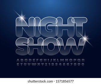 Espectáculo nocturno de señas brillantes vectoriales. Fuente en mayúsculas transparente. Letras y números alfabetos de vidrio.