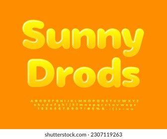 Vector glossy sign Sunny Drops. Cute Yellow Font. Creative Bright Alphabet Letters and Numbers