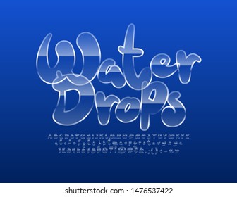 Señal de brillo vectorial: Caídas de agua con fuente de vidrio manuscrita. Letras, números y símbolos alfabéticos transparentes