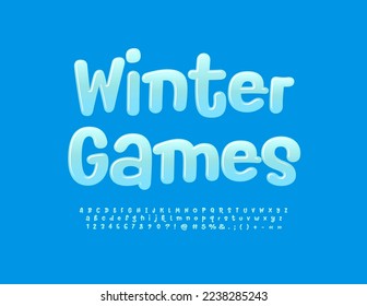 Vector glossy sign Winter Games. Funny Blue Font. Modern handwritten Alphabet Letters and Numbers.