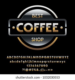 Vector glossy Silver and Golden logotype Best Coffee Shop. Set of chic exclusive Alphabet Letters, Numbers and Symbols