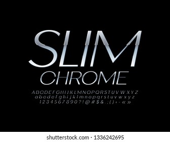 Vector glossy Slim Chrome Font. Elegant Silver Alphabet Letters and Symbols.