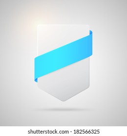Vector glossy square paper badge with bright blue silk ribbon for premium sale banner decoration or modern logo design