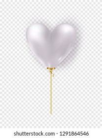 Vector glossy white air balloon in heart form. Illustration of realistic air 3d balloon isolated on transparent background.