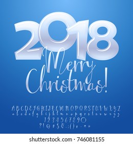 Vector glossy white greeting card Merry Christmas 2018. Ice set of caligraphic Letters, Numbers, Symbols. Font contains Graphic style