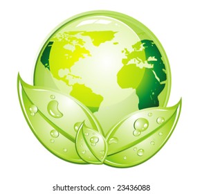 VECTOR Glossy World with green leaves background