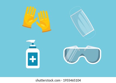 Vector of gloves, sanitizer, mask and eye cover. Isolated on blue background. Group of equipment for Corona Virus.