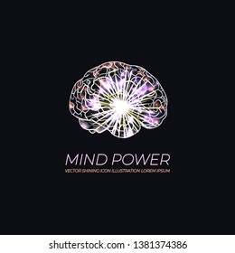 Vector Glow Brain Illustration, Logo, Shining Scientific Image of Human Brain, Artificial Intellegence Concept.