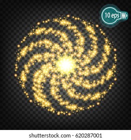 Vector glow of charged particles. Star with a dusty trace of sparkling particles isolated on a transparent background. Illustration with magic concept.