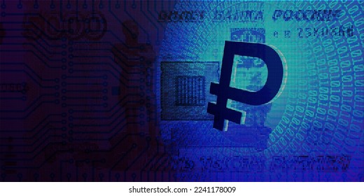 Vector glowing 3d digital ruble symbol with digits on the background of a pixelated 5000 russian rubles banknote. Financial and economic poster.