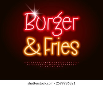 Vector Glowing Advertisement Burger and Fries. Funny Neon Font. Set of Electric Alphabet Letters and Numbers