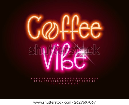 Vector Glowing Advertisement Coffee Vibe with Neon Bean. Led Light Font. Funky Electric Alphabet Letters and Numbers set.