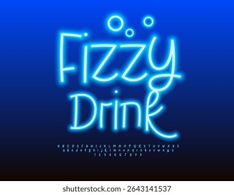 Vector Glowing Advertisement Fizzy Drink. Blue Neon Font. Cool Electric Alphabet Letters and Numbers set