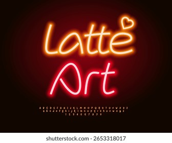 Leuchtende Werbung Latte Art mit dekorativem Herzen. Schöne Neonschrift. Stilvolle Buchstaben und Zahlen