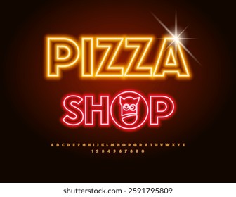 Vector Glowing Advertisement Pizza Shop with Decorative Element. Set of Neon Alphabet Letters ad Numbers. Electric Light Font.