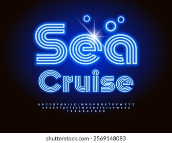 Vector Glowing Advertisement Sea Cruise. Light tube Font. Blue Neon Alphabet Letters and Numbers set.