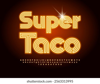 Vector glowing advertisement Super Taco. Cool Neon Font. Bright Electric Alphabet Letters and Numbers set.