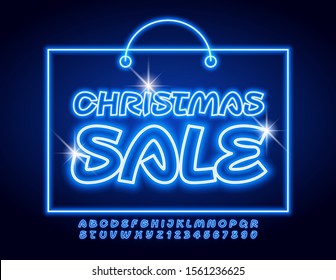 Vector glowing bag Christmas Sale. Bright handwritten Font. Blue electric Alphabet Letters and Numbers