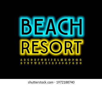 Vektorstrahler Banner Beach Resort. Yellow Neon Font. Alphabet-Zeichen und -Zahlen für Illuminationen