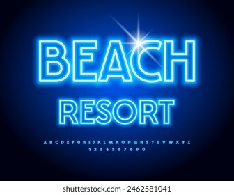Vector resplandeciente Anuncio Beach Resort. Fuente de neón azul. Conjunto de letras y números del alfabeto iluminado.