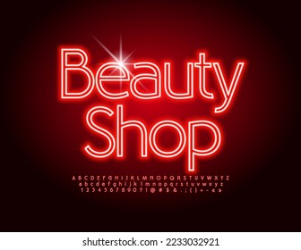 Vector glowing Banner Beauty Shop. Elegant Neon Font. Modern Alphabet Letters and Numbers set