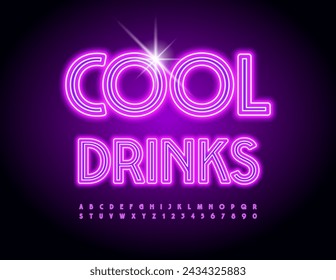 Vector glowing banner Cool Drinks. Trendy Neon Font. Modern Electric Alphabet Letters and Numbers set.