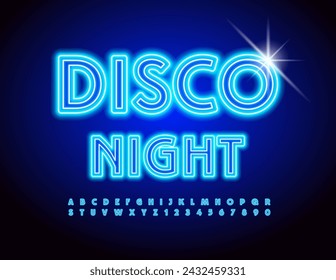 Vector glowing Banner Disco Night. Blue Neon Font. Electric Cool Alphabet Letters and Numbers set.