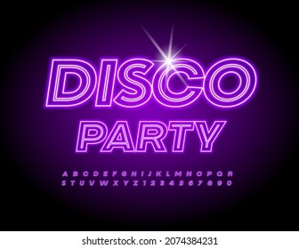 Vector Glowing Banner Disco Party. Neon Bright Font. Modern Alphabet Letters and Numbers