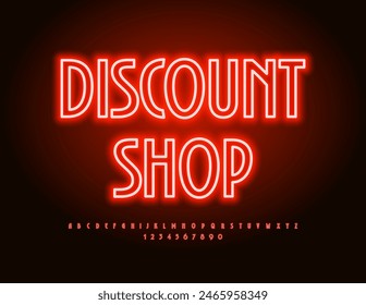 Vector Glowing banner Discount Shop. Neon Red Font. Bright Electric Alphabet Letters and Numbers set.