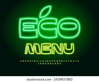 Vector Glowing Banner Eco Menu. Modern Electric Font. Neon abstract Alphabet Letters and Numbers.