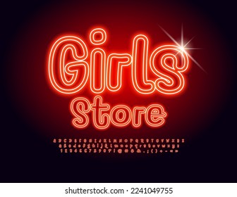 Vector glowing banner Girls Store. Red handwritten Font. Playful modern Alphabet Letters and Numbers set