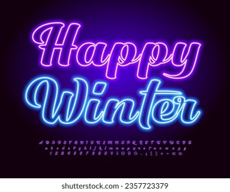 Vector glowing banner Happy Winter. Purple neon Font. Cursive set of Alphabet Letters, Numbers and Symbols