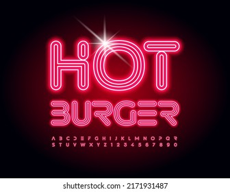 Vector Glowing banner Hot Burger. Neon Artistic Font. Trendy Alphabet Letters and Numbers set