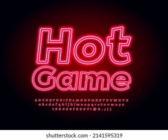 Vector glowing banner Hot Game. Red Neon Font. Electric light Alphabet Letters, Numbers and Symbols set