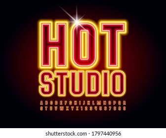 Vector glowing banner Hot Studio. Electric Neon Font. Bright illuminated Alphabet Letters and Numbers