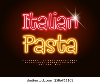 Vector Glowing banner Italian Pasta for Restaurant and Cafe. Neon Handwritten Font. Electric set of Alphabet Letters and Numbers.