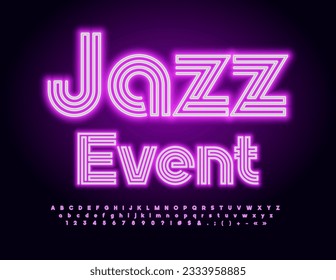 Vektorstrahlende Banner Jazz Event. Purple Neon Alphabet Letters, Numbers und Symbole gesetzt. Elektrische Maze-Schrift