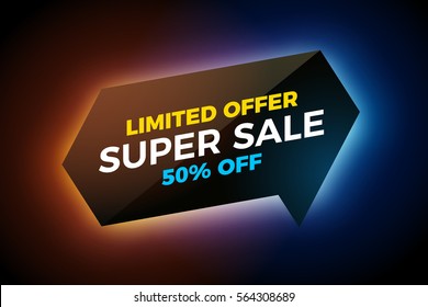 Vector glowing banner on dark background. Glass material style. Realistic light effect. Template for advertisement or web design.