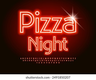 Vektorgrafik glühender Banner Pizza Night. Helle elektrische Schrift. Neon Alphabet Buchstaben und Zahlen gesetzt.