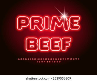 Vector brillante Anuncio Prime Beef. Fuente de neón brillante. Conjunto de letras y números del alfabeto rojo eléctrico. 